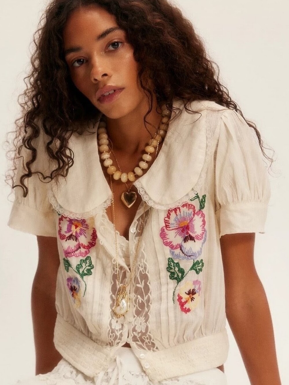 FREE PEOPLE Vintage Whimsy Emroidered Lace Floral Cream Blouse  S NWT